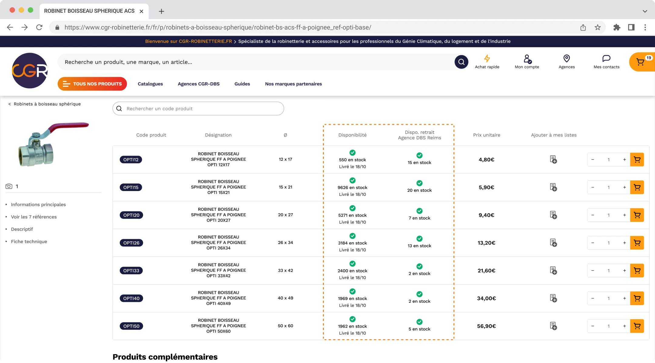 Capture d'écran de la disponibilité d'un produit en mode connecté