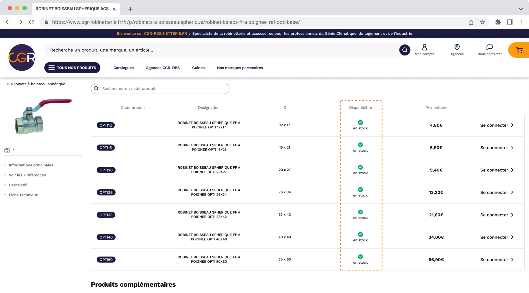 Capture d'écran de la disponibilité d'un produit en mode non connecté